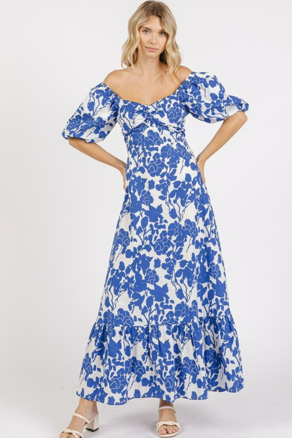 Mittoshop - Royal Blue Floral Puff Sleeve Cotton Maxi Dress