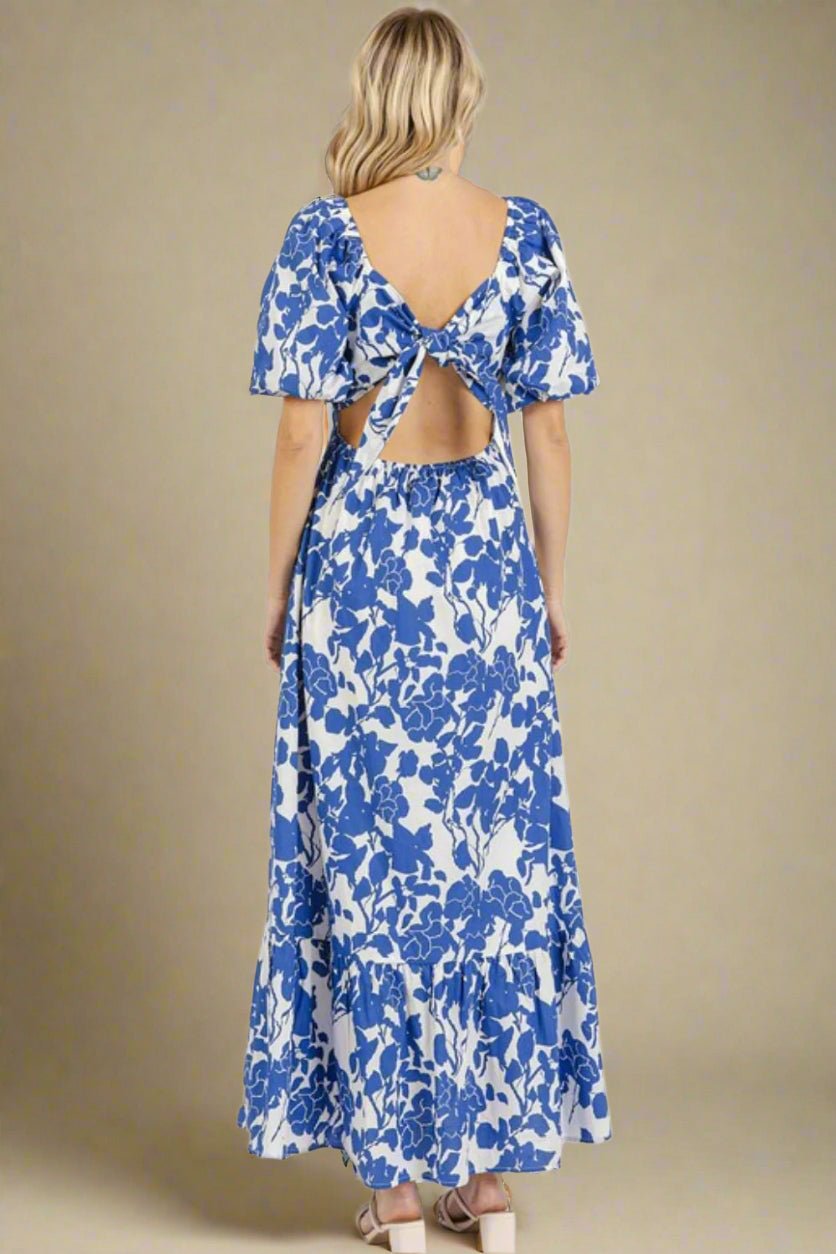 Mittoshop - Royal Blue Floral Puff Sleeve Cotton Maxi Dress