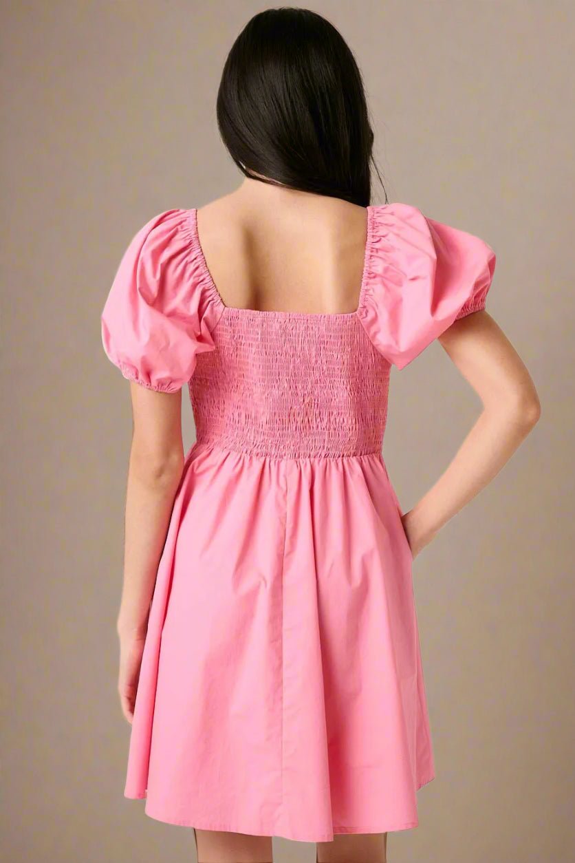 Mittoshop - Ruched Puff Sleeve Mini Dress in Bubblegum Pink