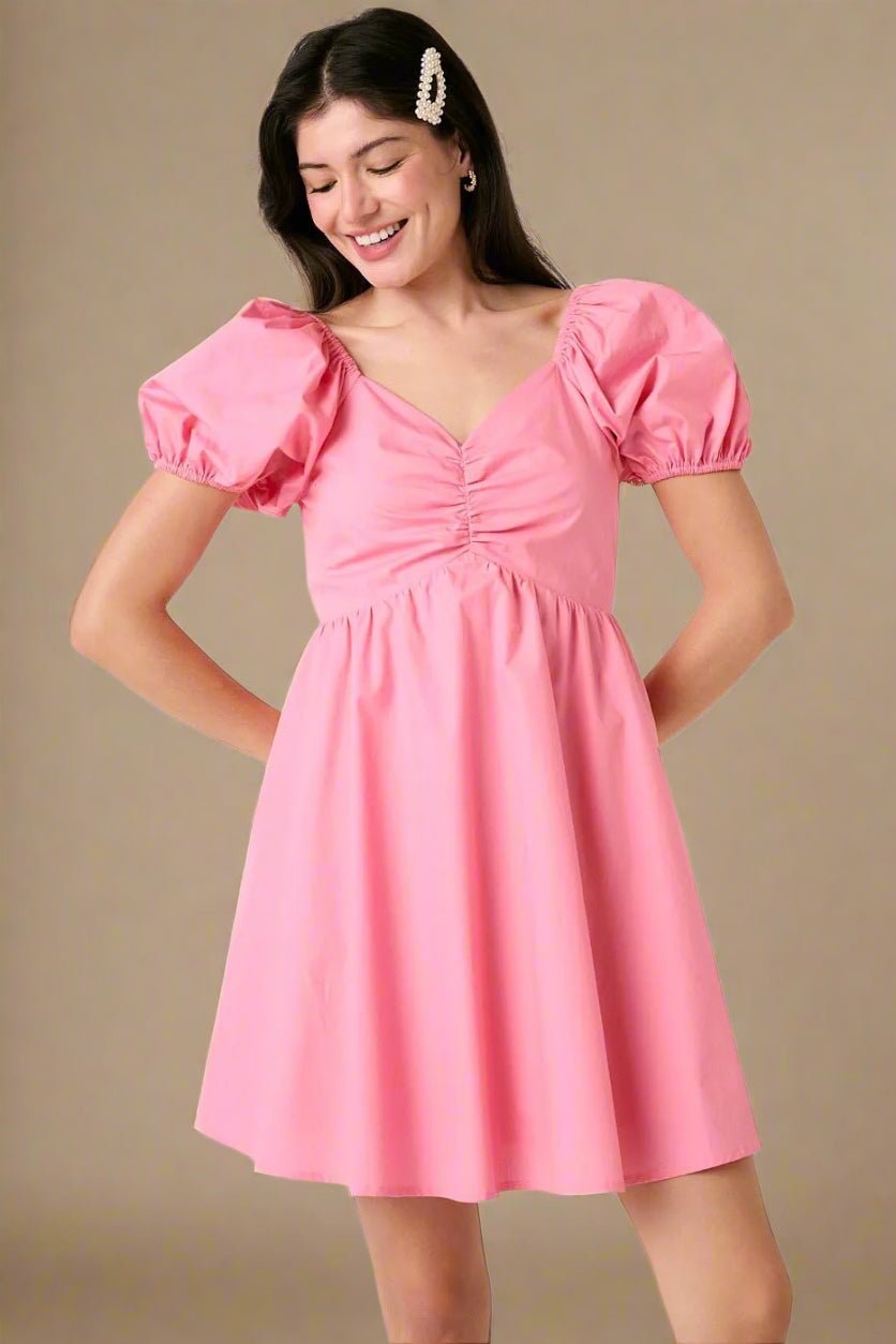 Mittoshop - Ruched Puff Sleeve Mini Dress in Bubblegum Pink