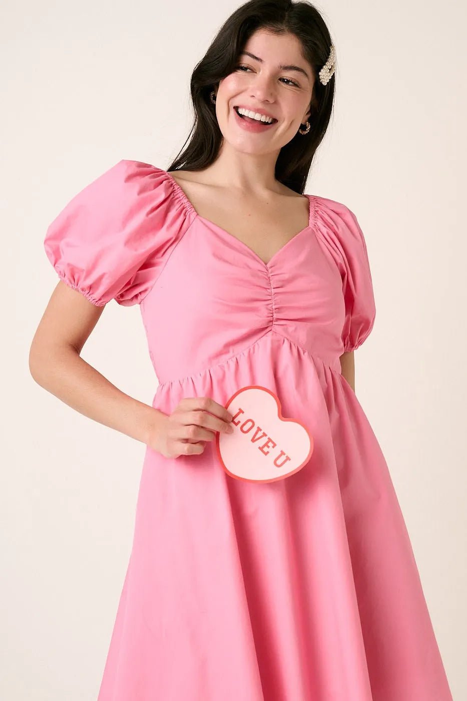 Mittoshop - Ruched Puff Sleeve Mini Dress in Bubblegum Pink