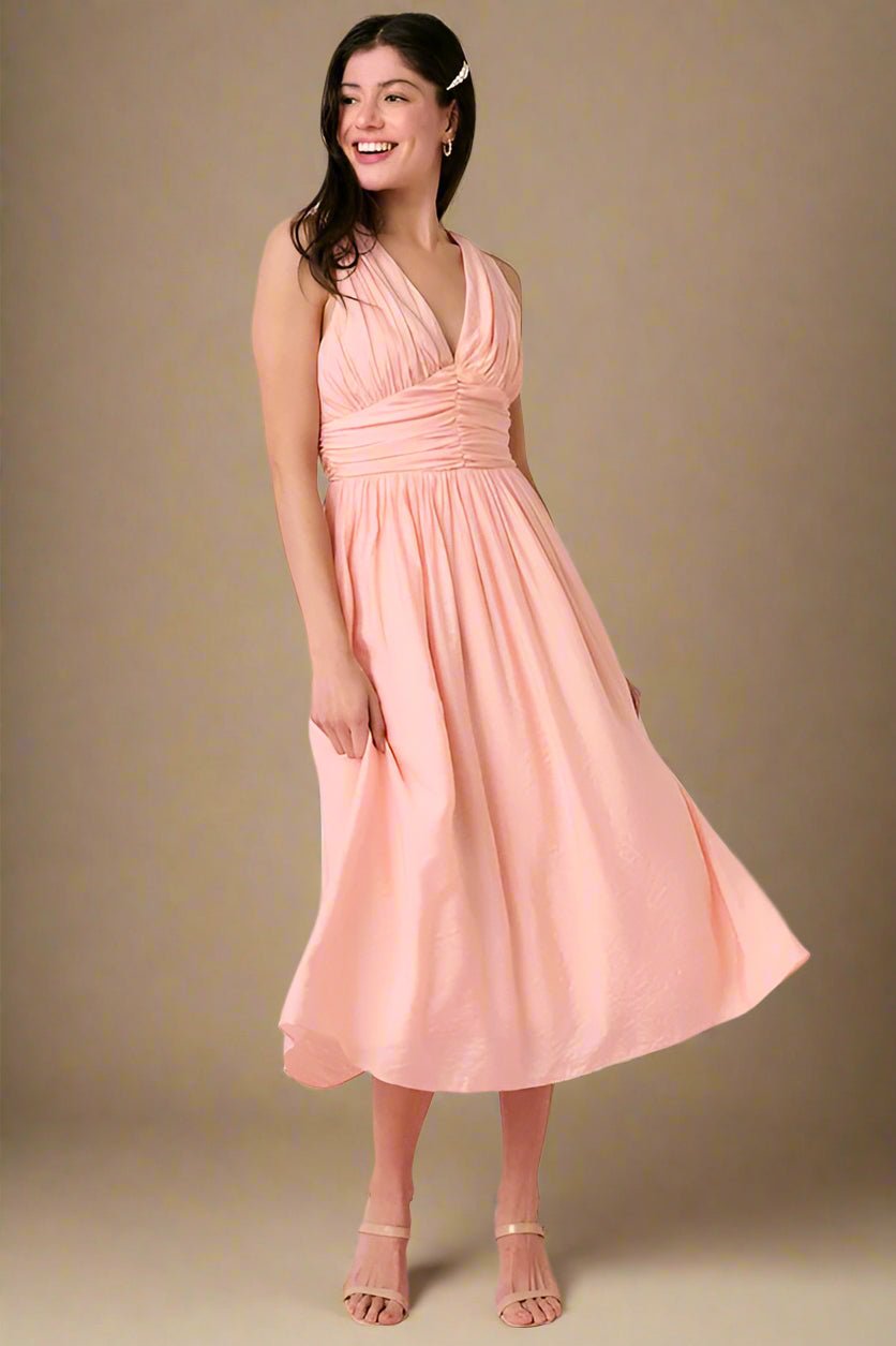 Mittoshop - Ruched V - Neck Sleeveless Midi Dress in Blush