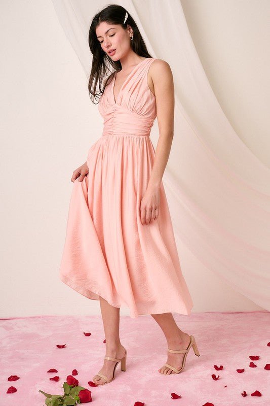 Mittoshop - Ruched V - Neck Sleeveless Midi Dress in Blush