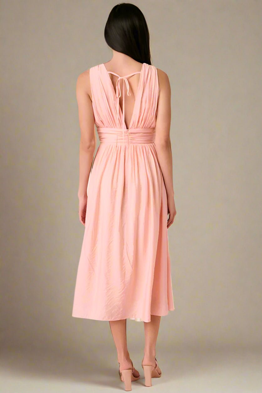 Mittoshop - Ruched V - Neck Sleeveless Midi Dress in Blush