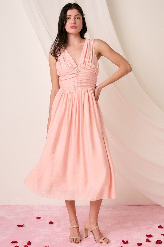 Mittoshop - Ruched V - Neck Sleeveless Midi Dress in Blush