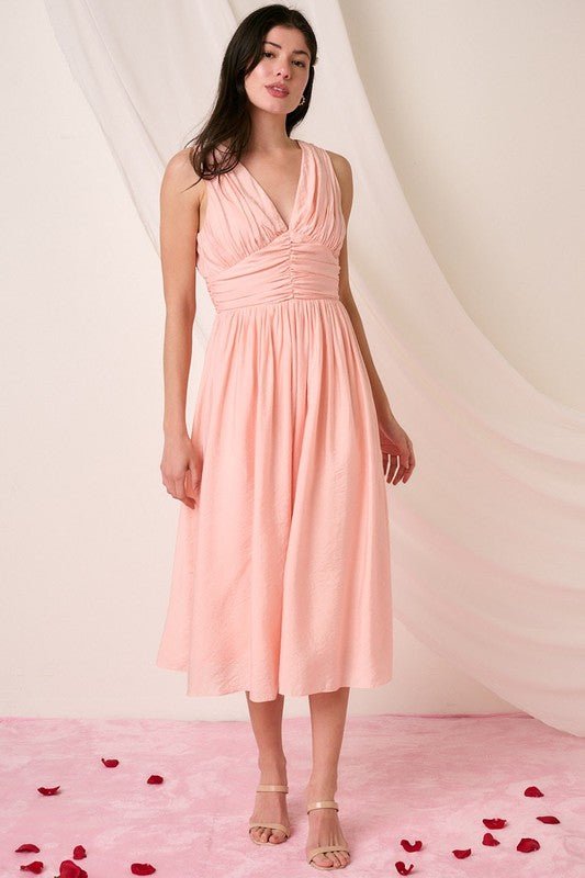 Mittoshop - Ruched V - Neck Sleeveless Midi Dress in Blush