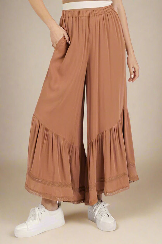 Mittoshop - Ruffle Hem Wide Leg Pants in Caramel