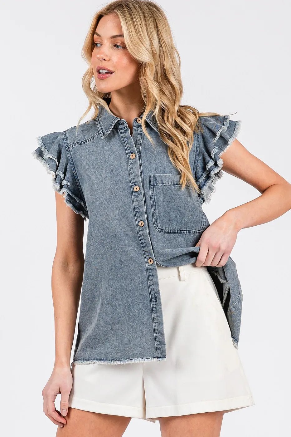 Mittoshop - Ruffle Sleeve Denim Button Down in Faded Wash