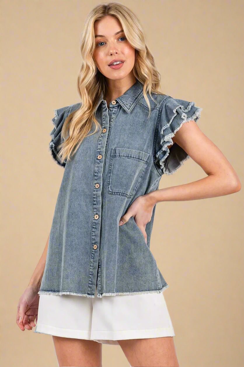 Mittoshop - Ruffle Sleeve Denim Button Down in Faded Wash