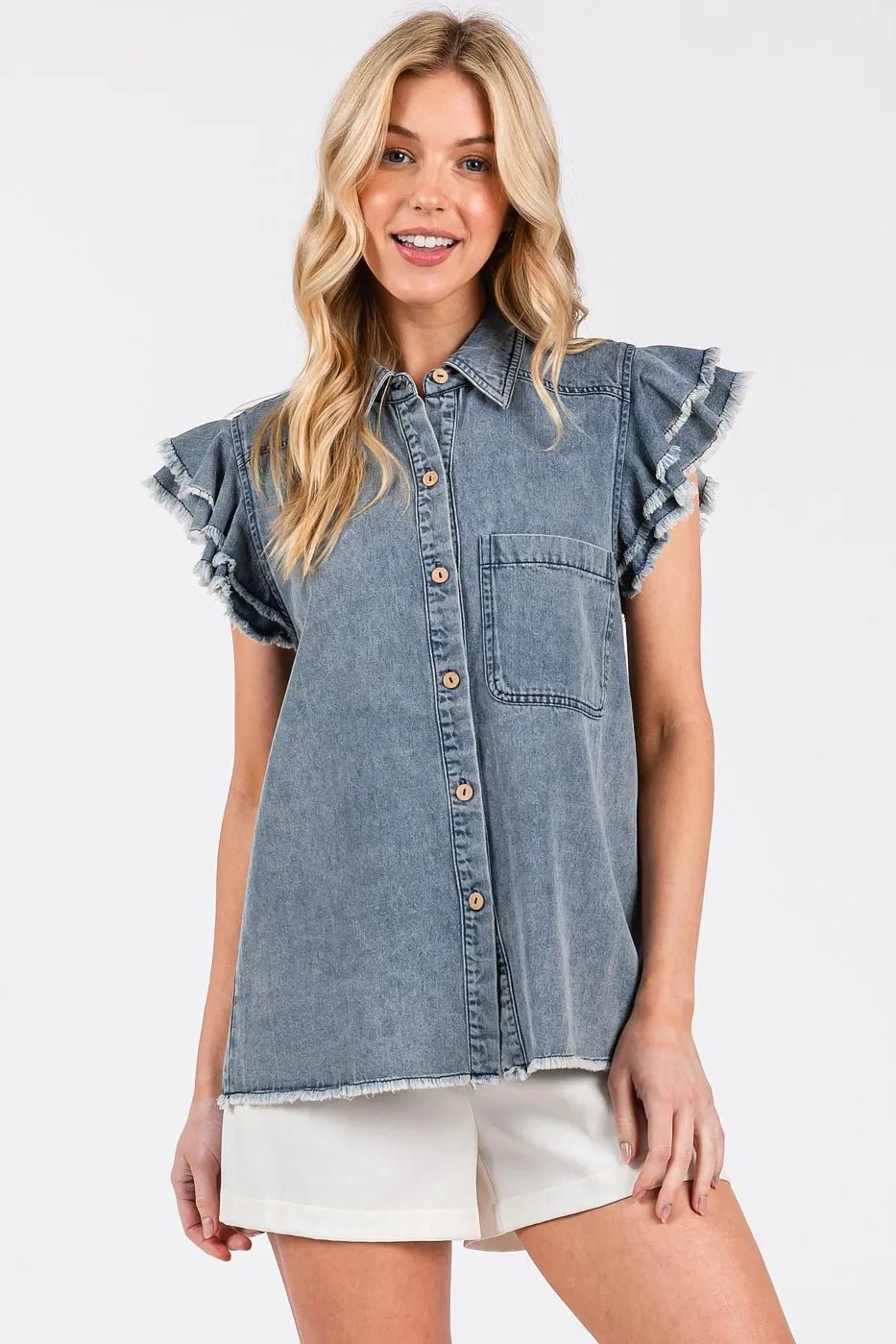 Mittoshop - Ruffle Sleeve Denim Button Down in Faded Wash