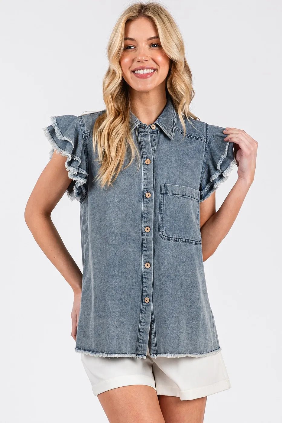 Mittoshop - Ruffle Sleeve Denim Button Down in Faded Wash