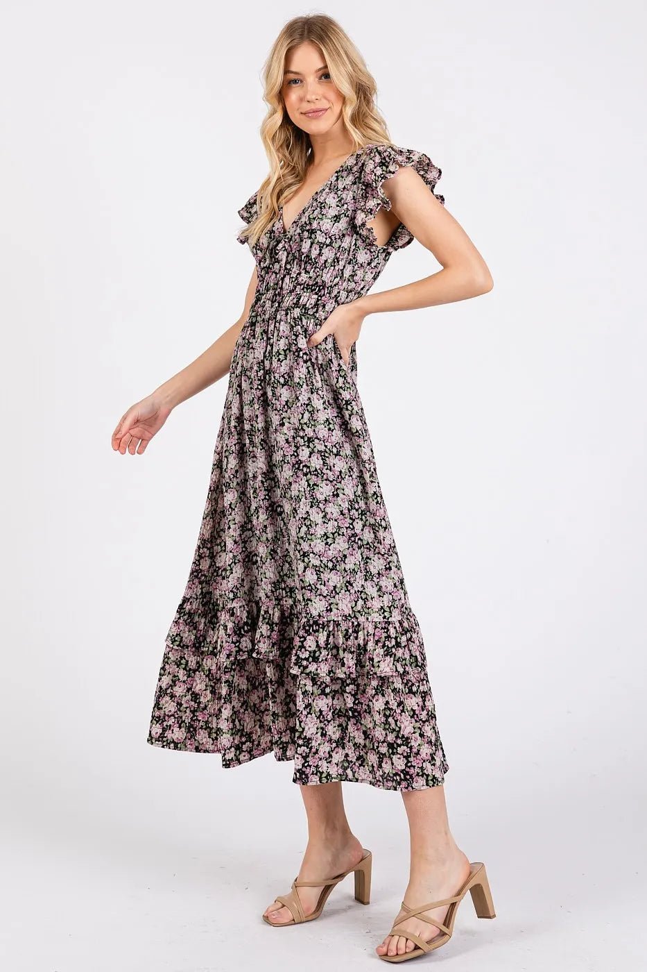 Mittoshop - Ruffle Sleeve Floral Midi Dress in Black & Lilac Rose