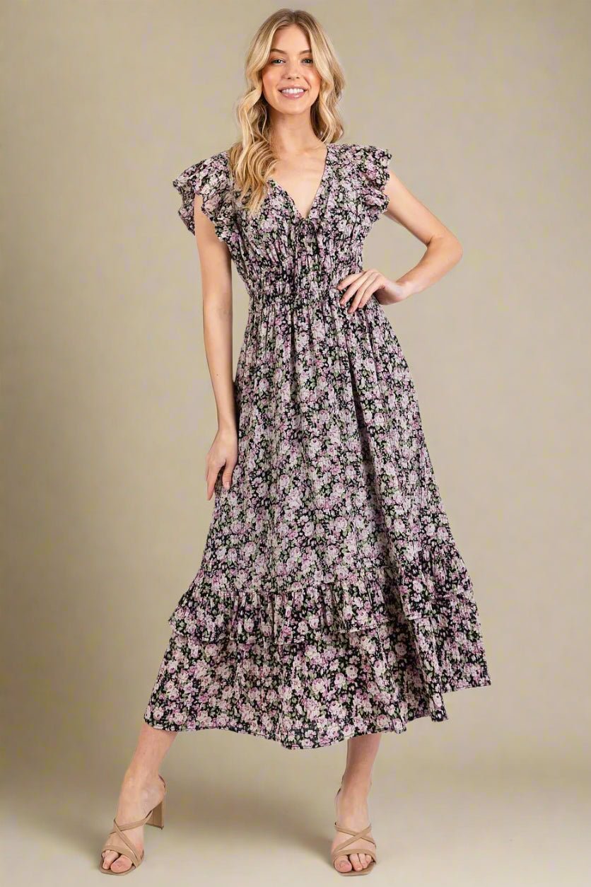 Mittoshop - Ruffle Sleeve Floral Midi Dress in Black & Lilac Rose