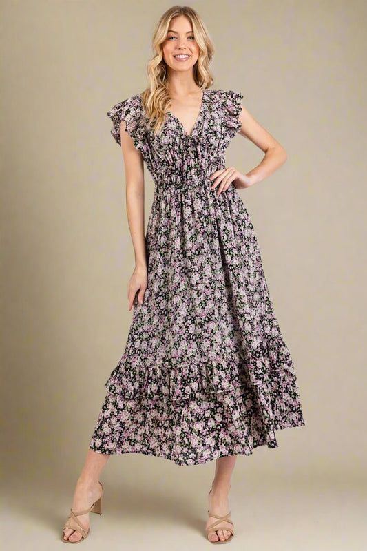 Mittoshop - Ruffle Sleeve Floral Midi Dress in Black & Lilac Rose
