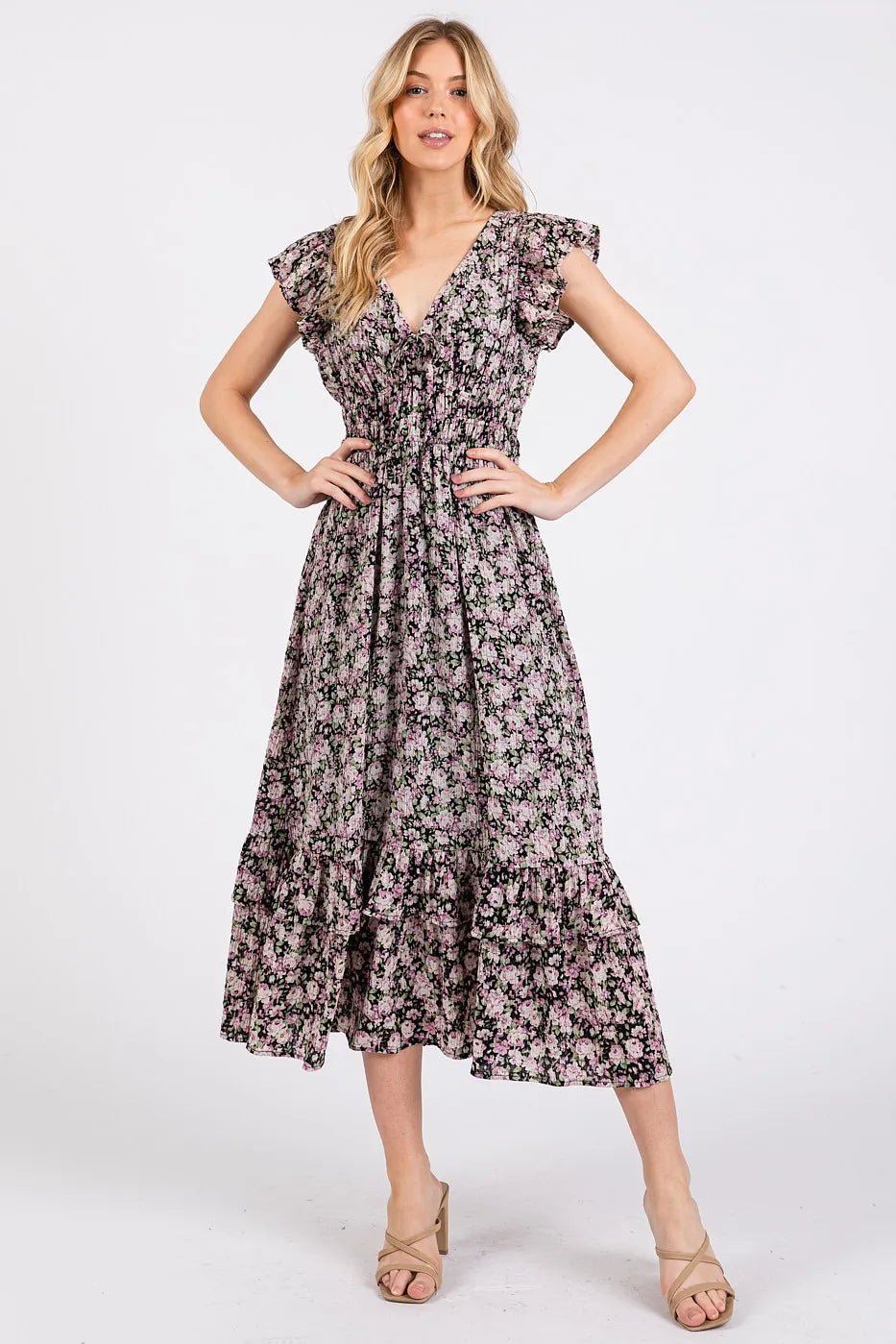 Mittoshop - Ruffle Sleeve Floral Midi Dress in Black & Lilac Rose