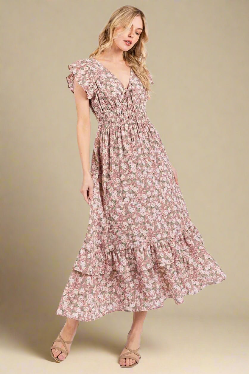Mittoshop - Ruffle Sleeve Floral Midi Dress in Rose