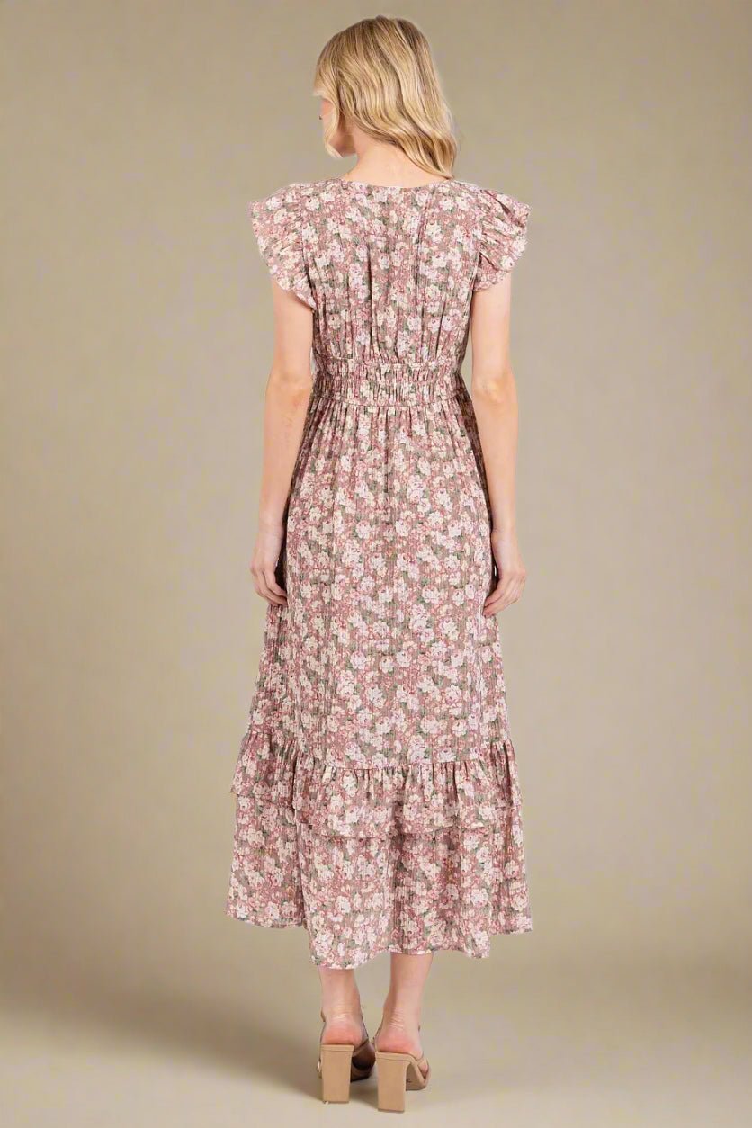 Mittoshop - Ruffle Sleeve Floral Midi Dress in Rose
