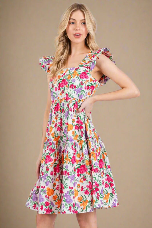 Mittoshop - Ruffle Strap Floral Mini Dress in Pink & Orange