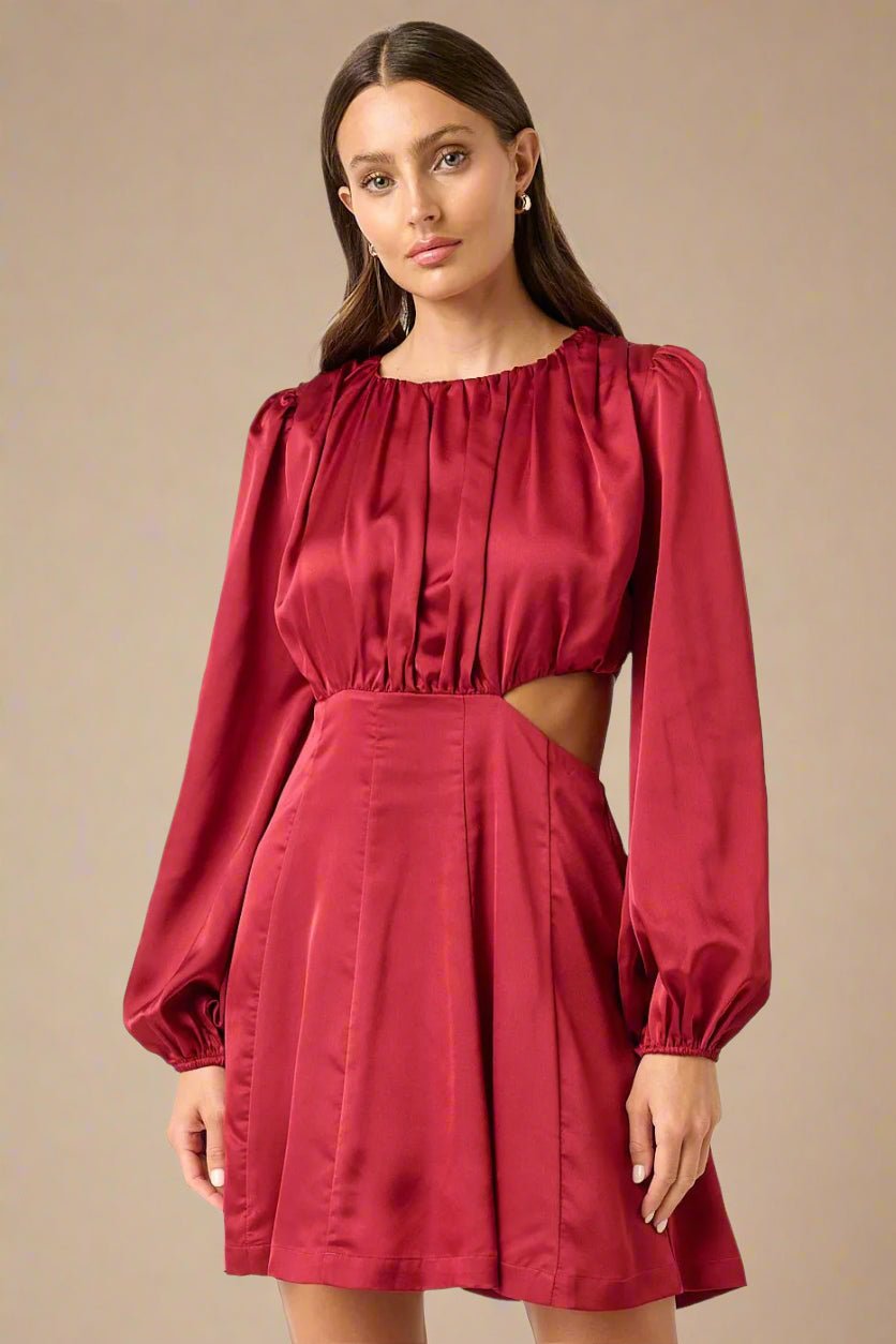 Mittoshop - Satin Long Sleeve Cutout Mini Dress in Wine Red