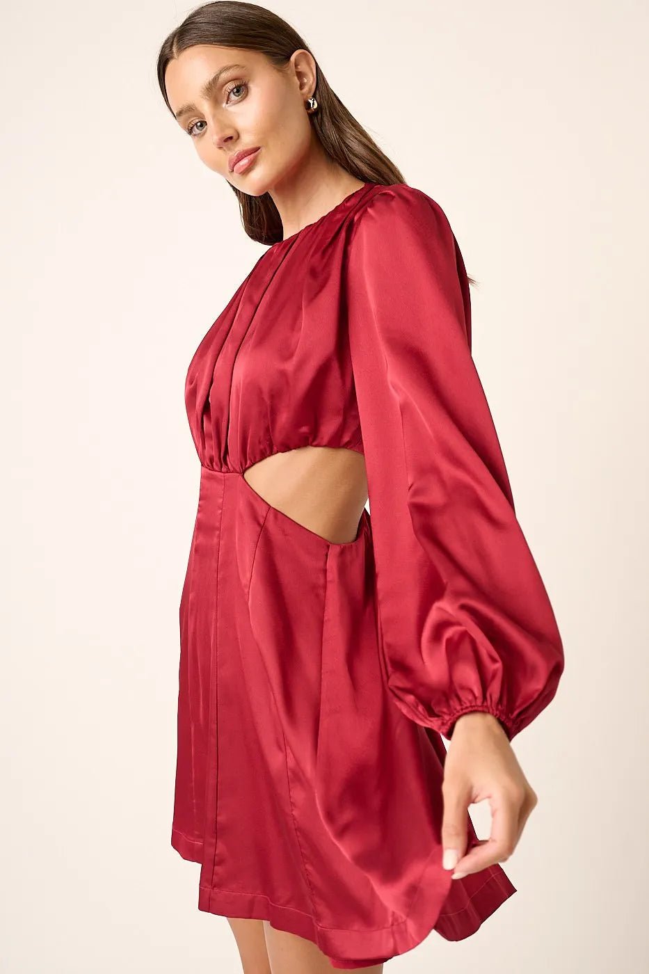 Mittoshop - Satin Long Sleeve Cutout Mini Dress in Wine Red