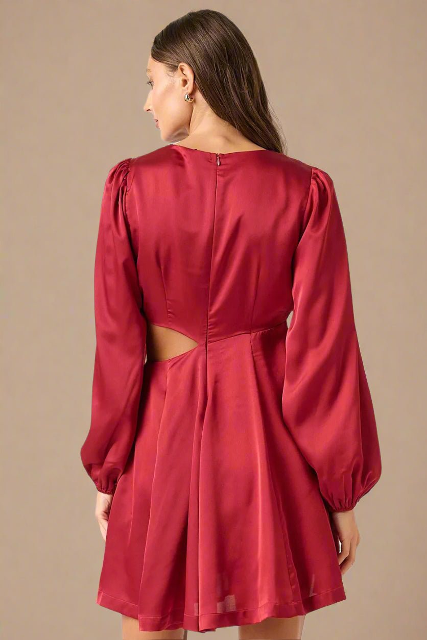 Mittoshop - Satin Long Sleeve Cutout Mini Dress in Wine Red