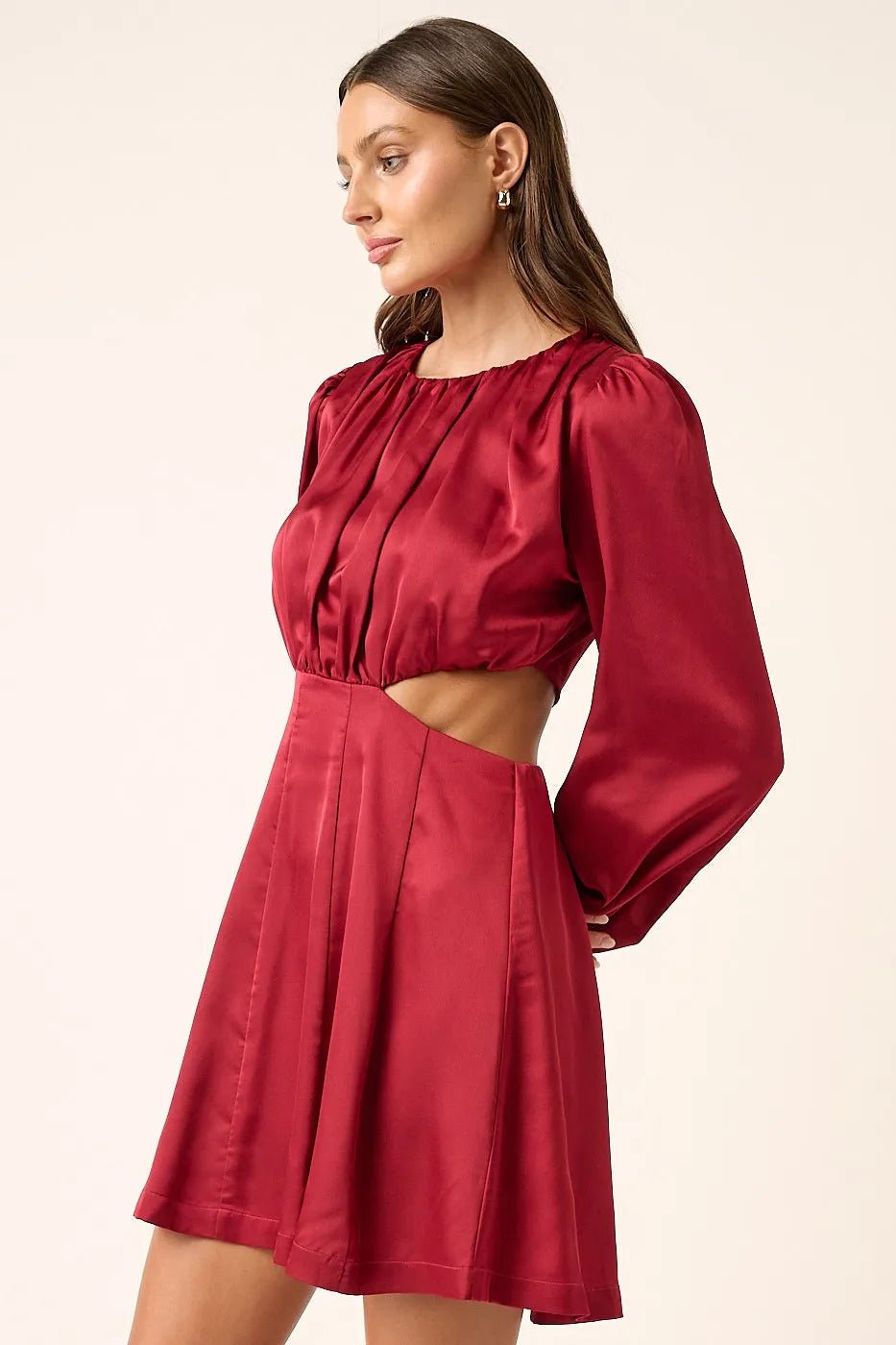 Mittoshop - Satin Long Sleeve Cutout Mini Dress in Wine Red