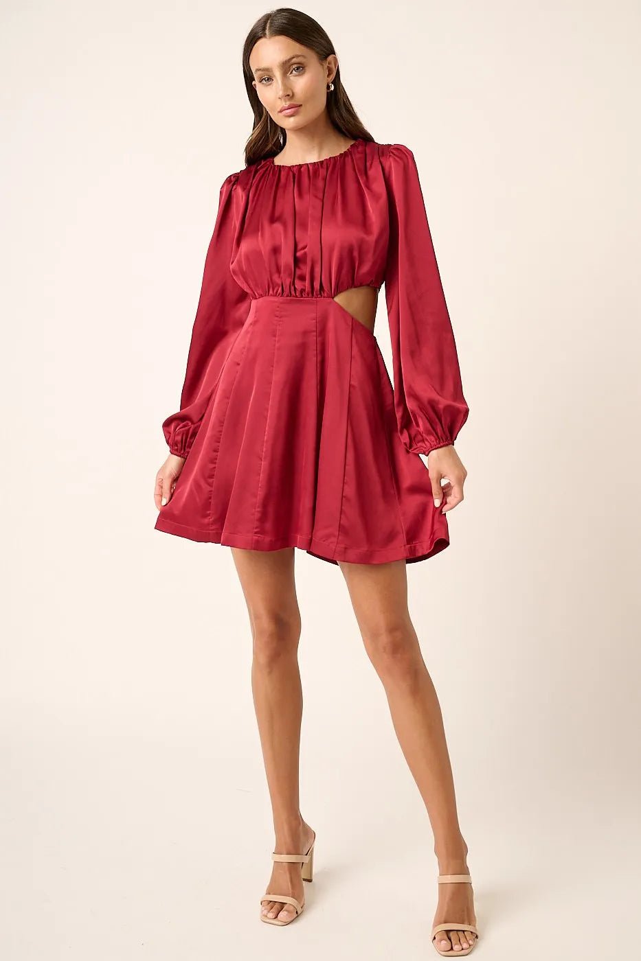 Mittoshop - Satin Long Sleeve Cutout Mini Dress in Wine Red