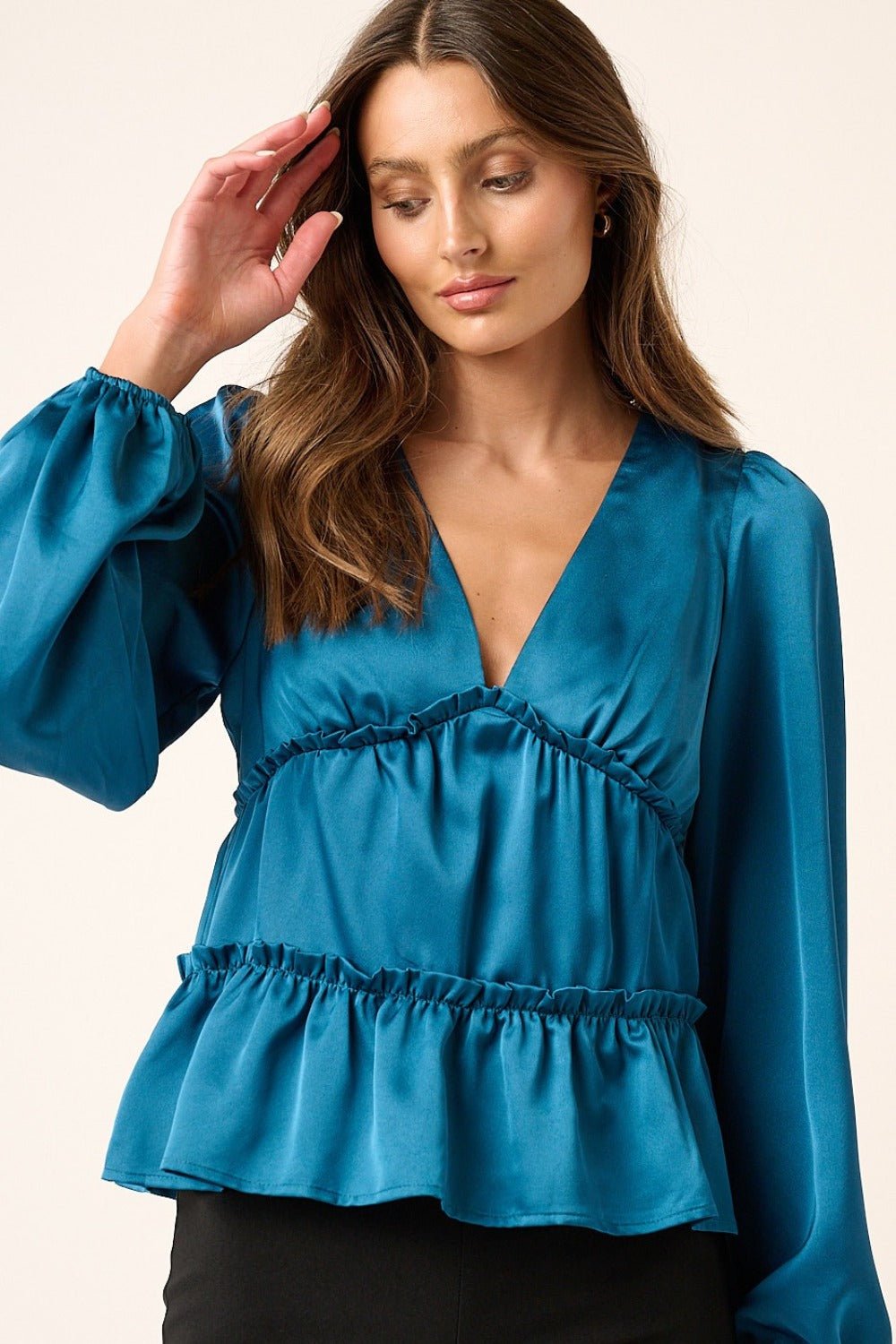 Mittoshop - Satin V - Neck Babydoll Blouse in Teal