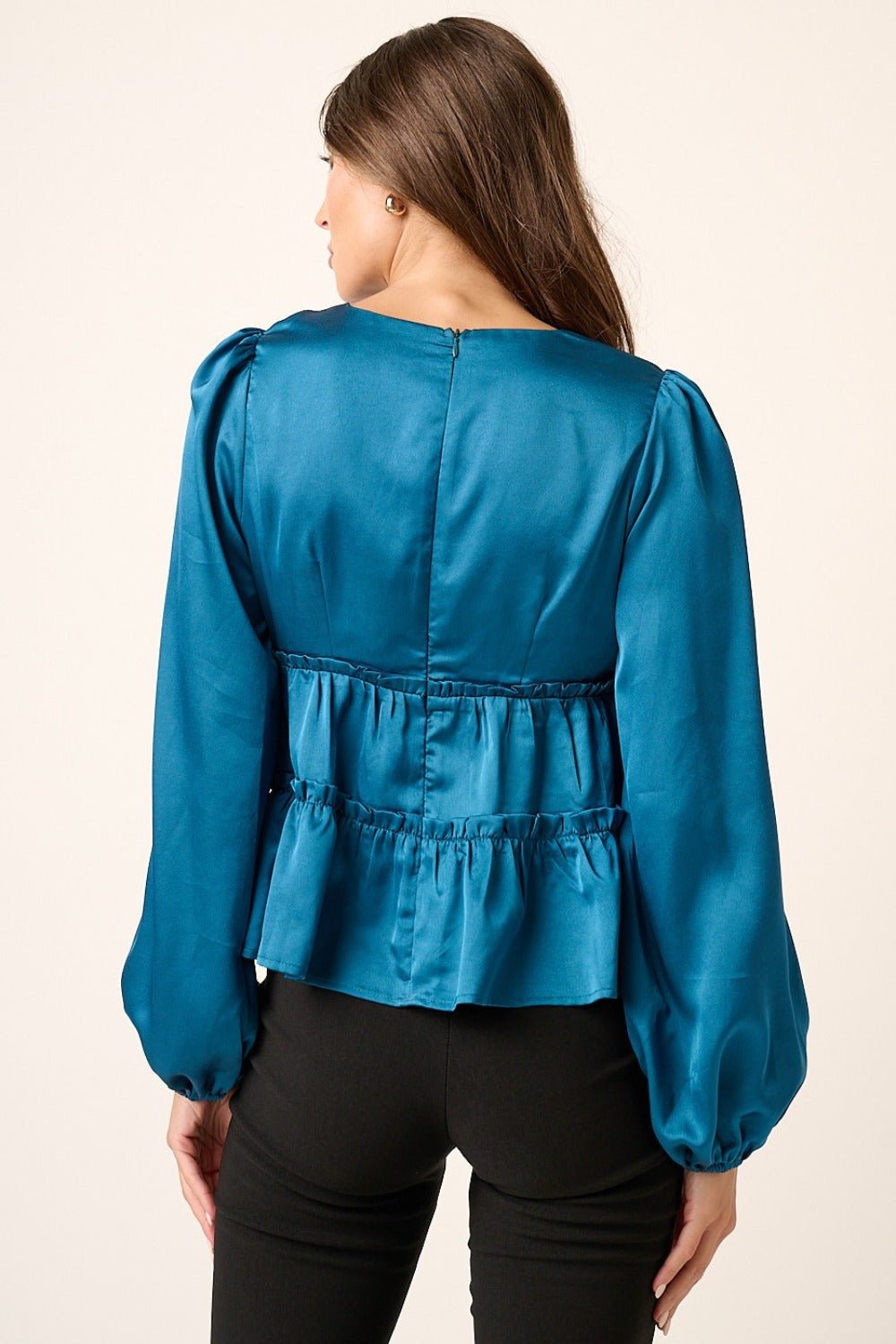 Mittoshop - Satin V - Neck Babydoll Blouse in Teal