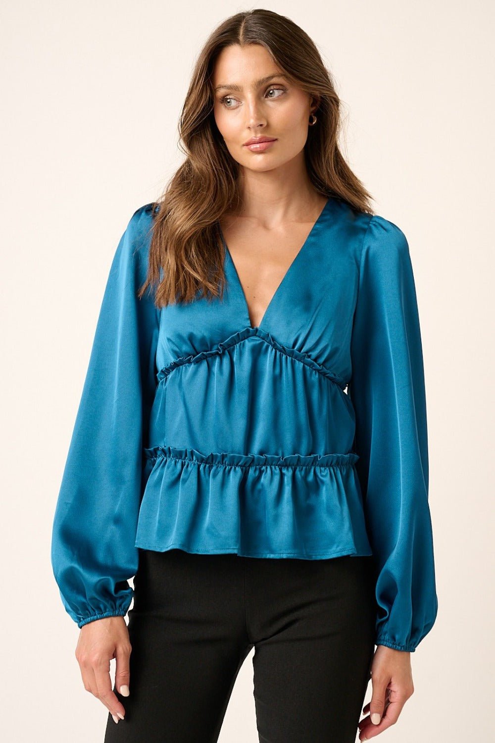 Mittoshop - Satin V - Neck Babydoll Blouse in Teal