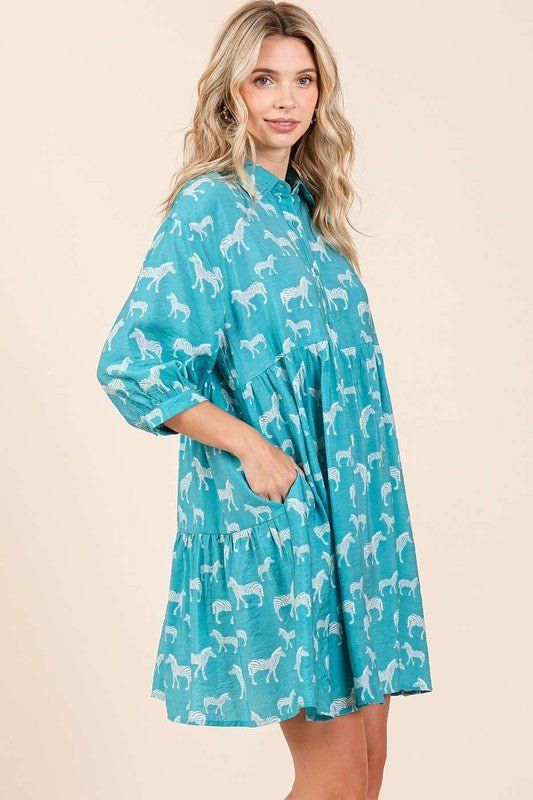 Mittoshop - Sea Green Zebra Print Mini Shirt Dress