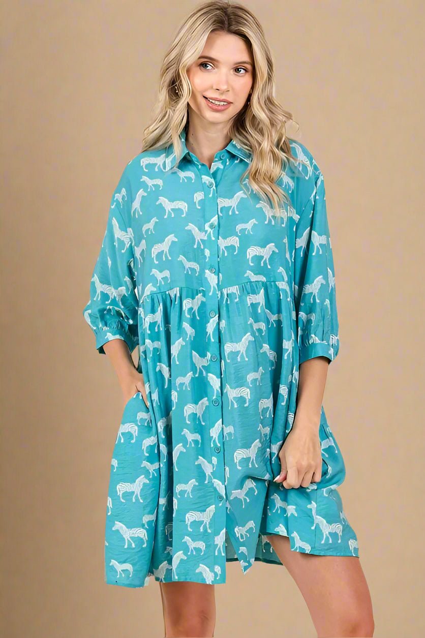 Mittoshop - Sea Green Zebra Print Mini Shirt Dress