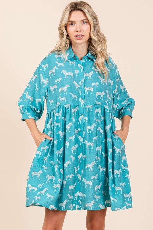 Mittoshop - Sea Green Zebra Print Mini Shirt Dress