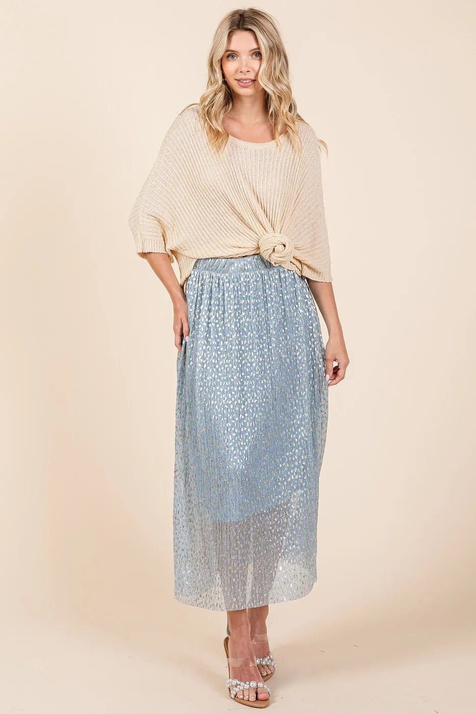 Mittoshop - Shimmer Pleated Midi Skirt – Dusty Blue & Gold Dot Mesh