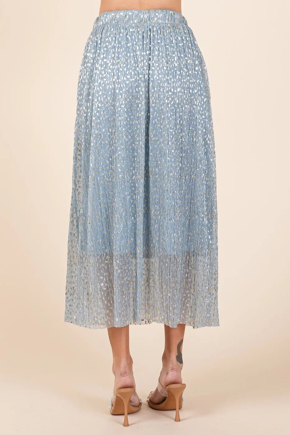 Mittoshop - Shimmer Pleated Midi Skirt – Dusty Blue & Gold Dot Mesh