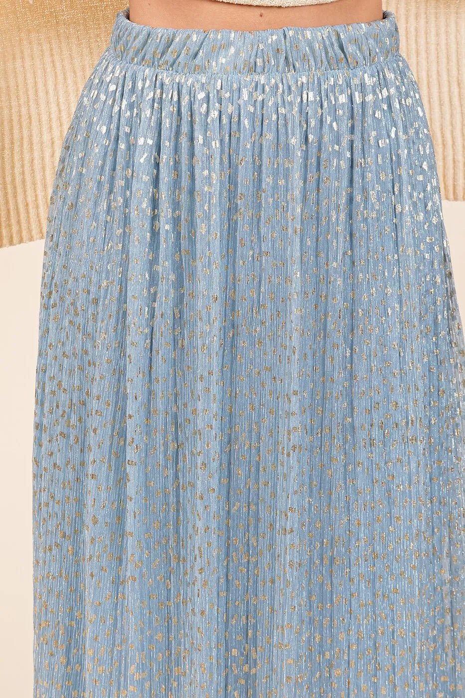 Mittoshop - Shimmer Pleated Midi Skirt – Dusty Blue & Gold Dot Mesh