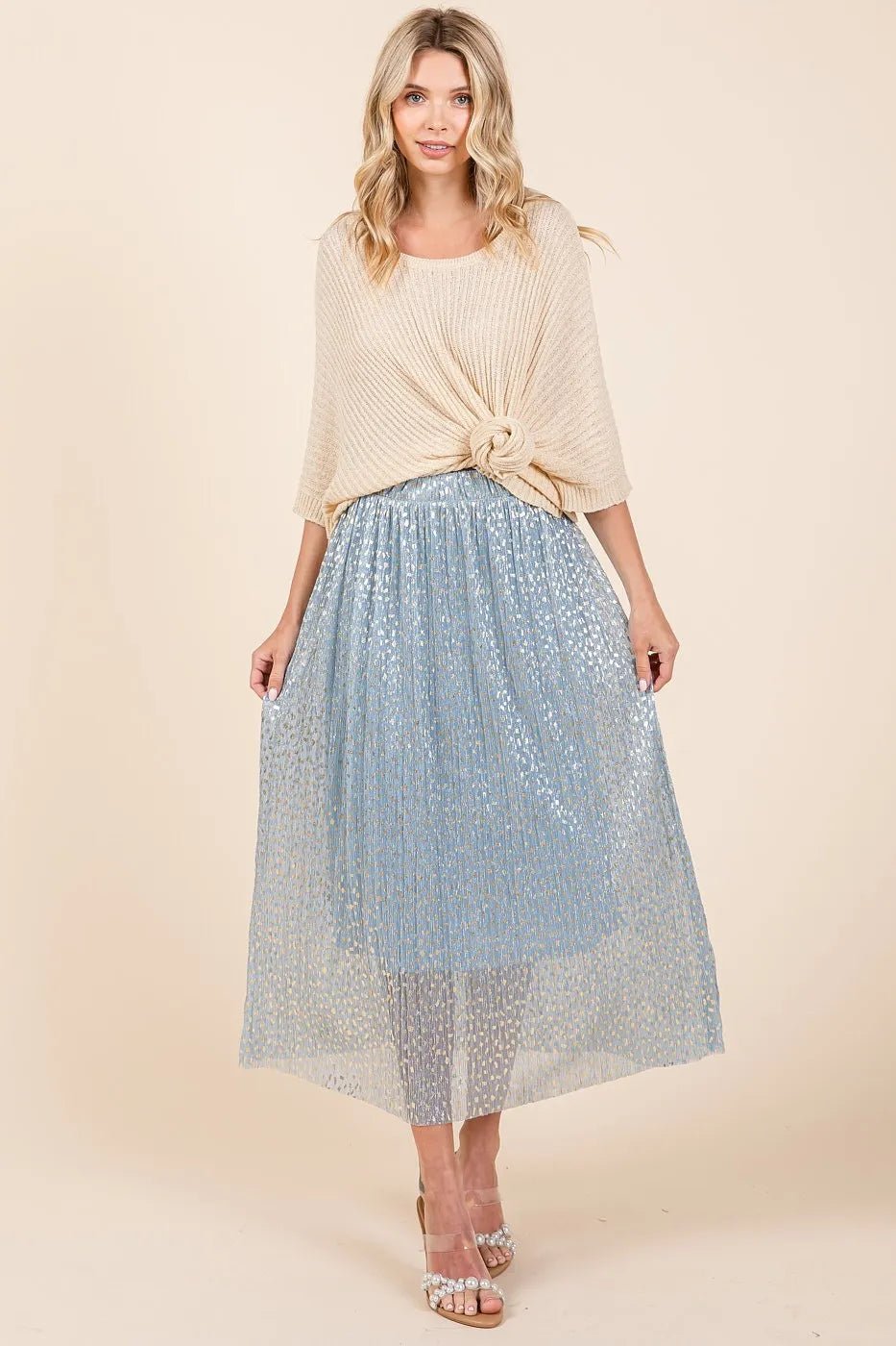 Mittoshop - Shimmer Pleated Midi Skirt – Dusty Blue & Gold Dot Mesh