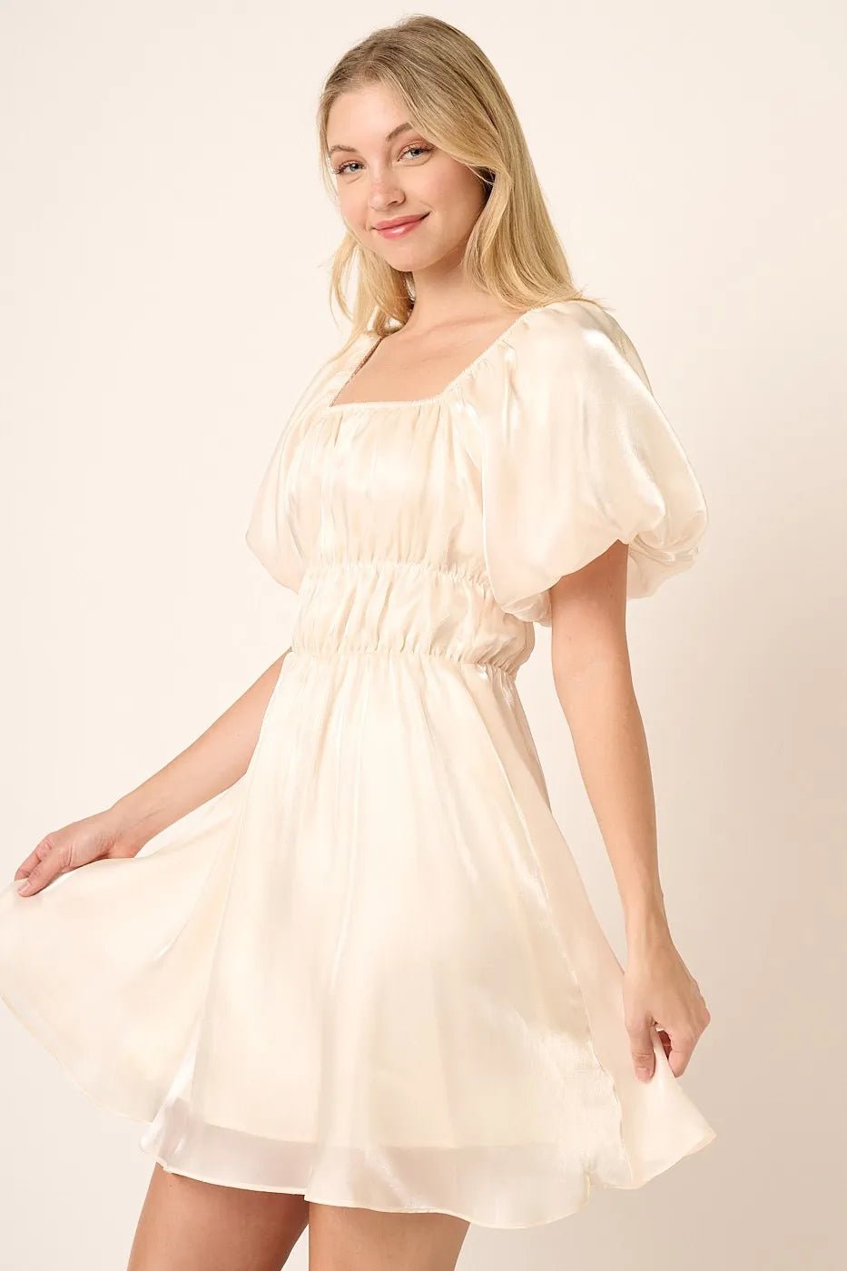 Mittoshop - Shimmer Puff Sleeve Mini Dress in Champagne Ivory