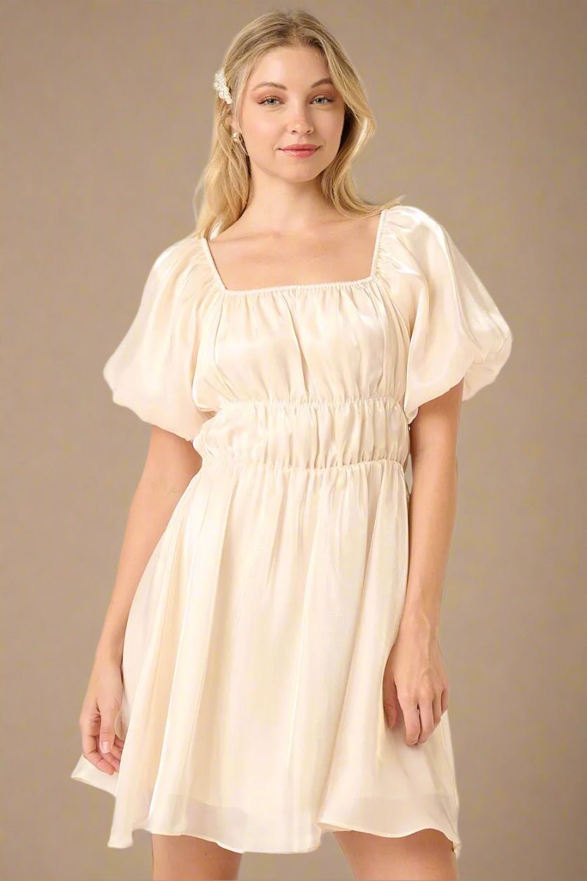 Mittoshop - Shimmer Puff Sleeve Mini Dress in Champagne Ivory
