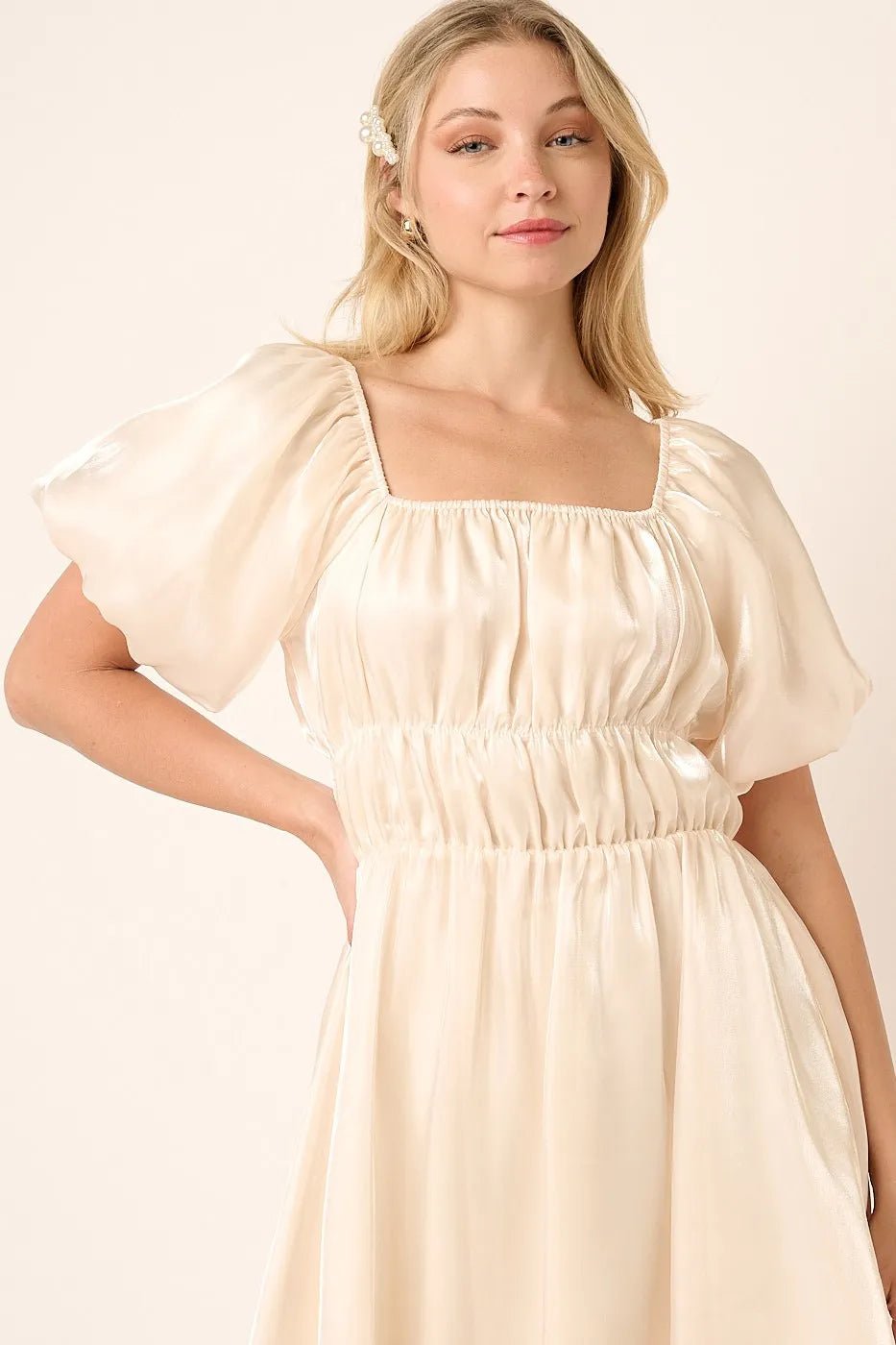 Mittoshop - Shimmer Puff Sleeve Mini Dress in Champagne Ivory