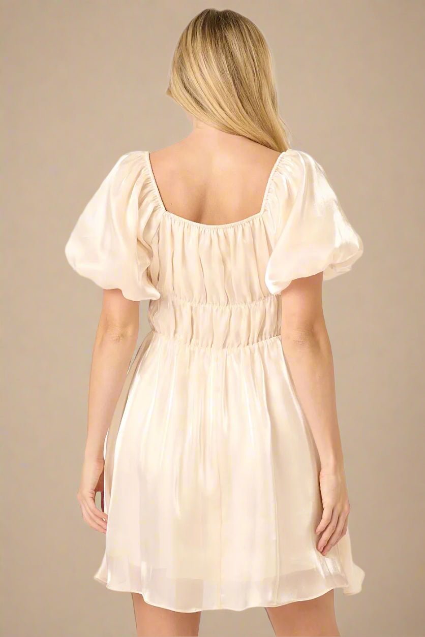 Mittoshop - Shimmer Puff Sleeve Mini Dress in Champagne Ivory