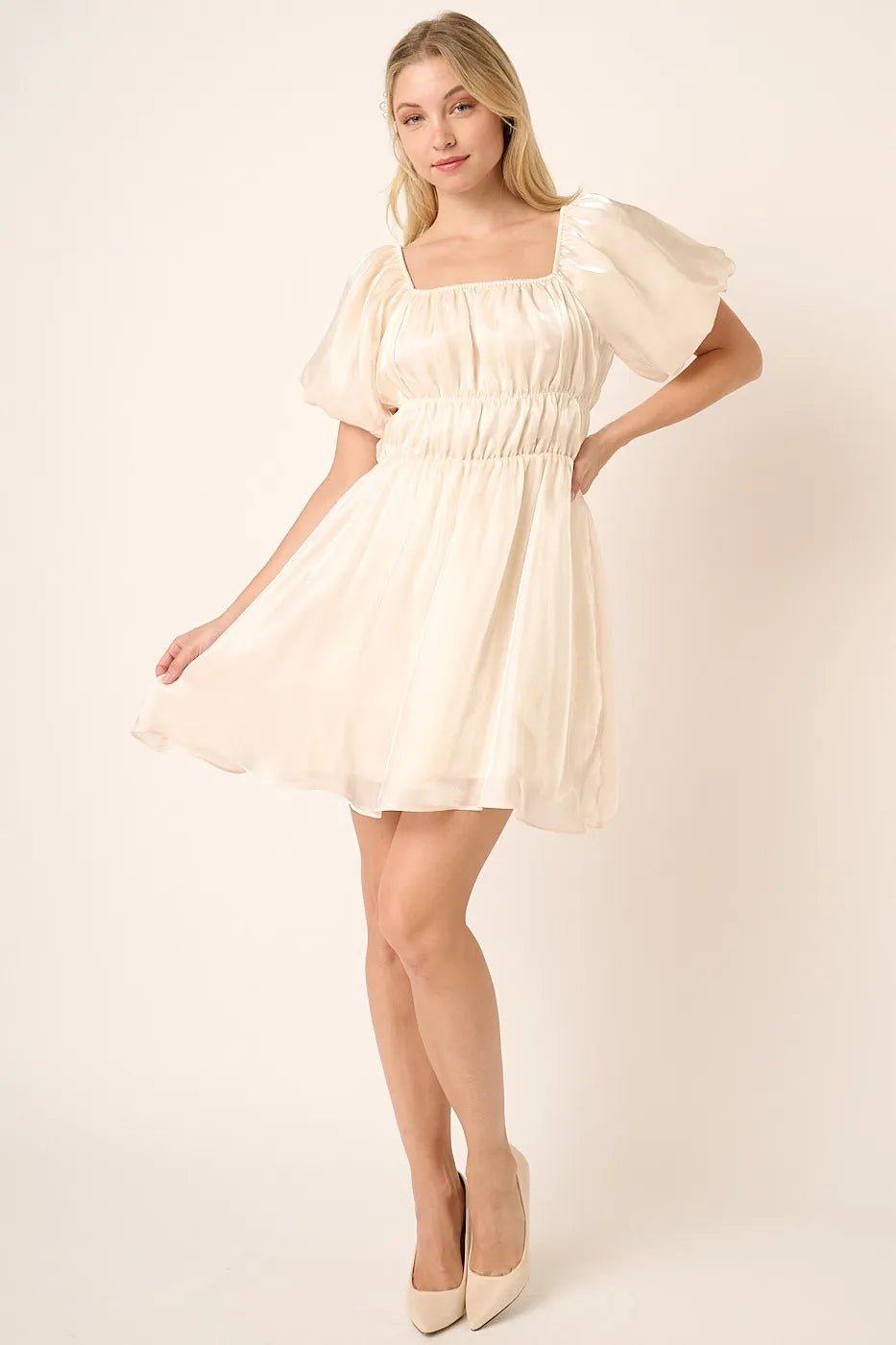 Mittoshop - Shimmer Puff Sleeve Mini Dress in Champagne Ivory