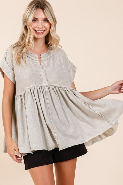 Mittoshop - Short Sleeve Babydoll Blouse in Sand