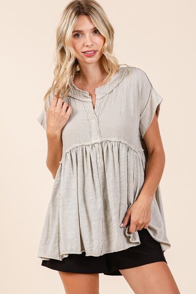 Mittoshop - Short Sleeve Babydoll Blouse in Sand