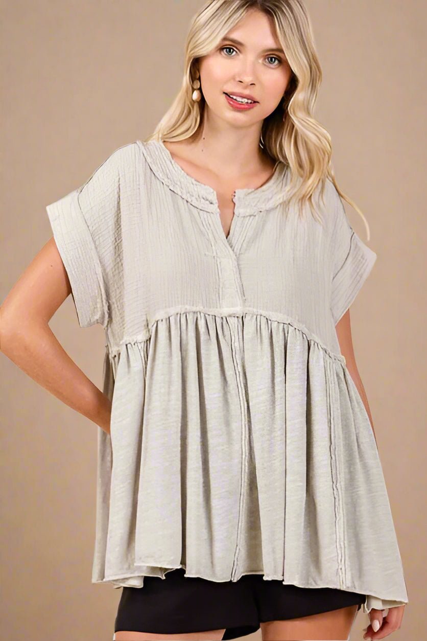 Mittoshop - Short Sleeve Babydoll Blouse in Sand