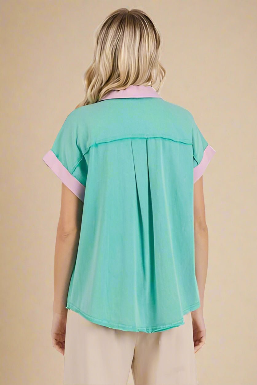 Mittoshop - Short Sleeve Color Block Shirt in Seafoam