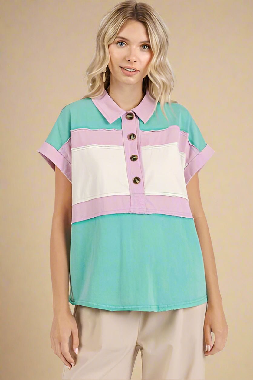 Mittoshop - Short Sleeve Color Block Shirt in Seafoam