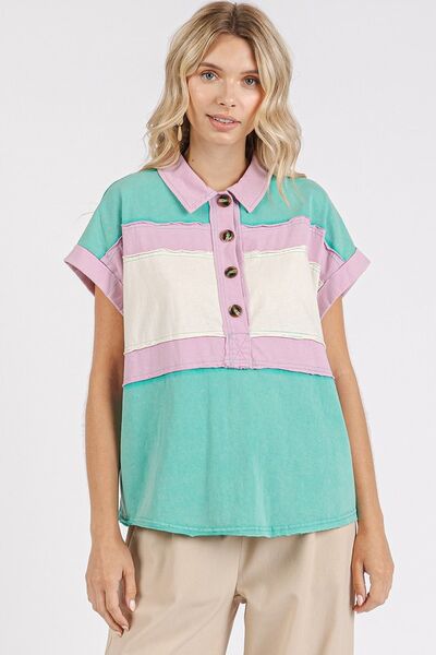 Mittoshop - Short Sleeve Color Block Shirt in Seafoam