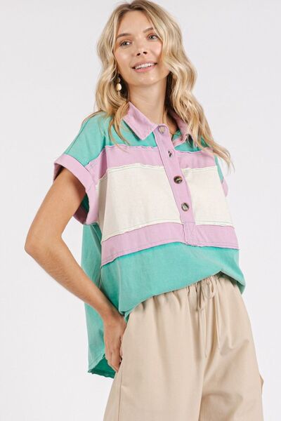 Mittoshop - Short Sleeve Color Block Shirt in Seafoam