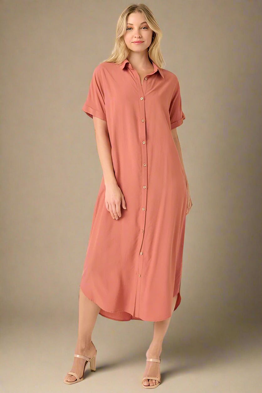 Mittoshop - Short Sleeve Midi Shirt Dress in Clay